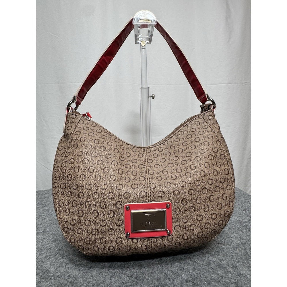 GUESS Beige Brown Logo Hobo Shoulder Bag Purse Coral Color Faux Leather Strap‎